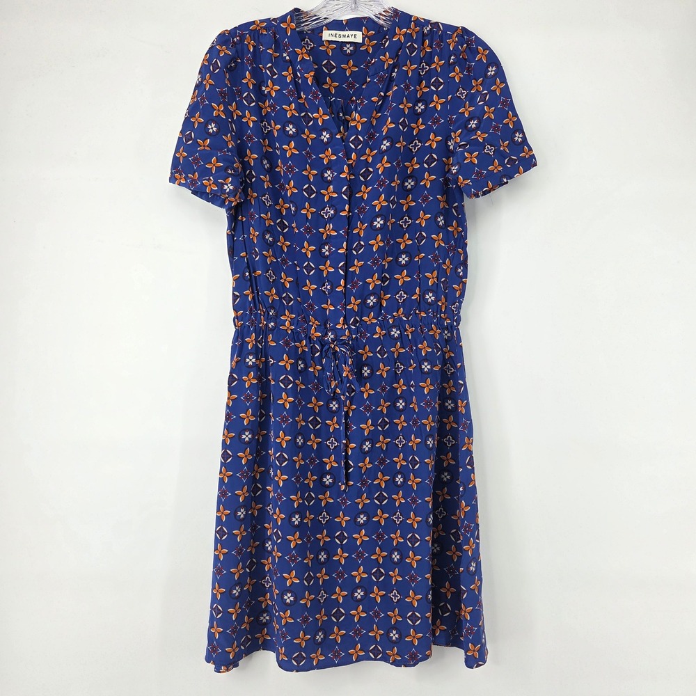 INESMAYE Silk Dress M Blue Geometric Floral Boho Eclectic Art-Inspired Mini